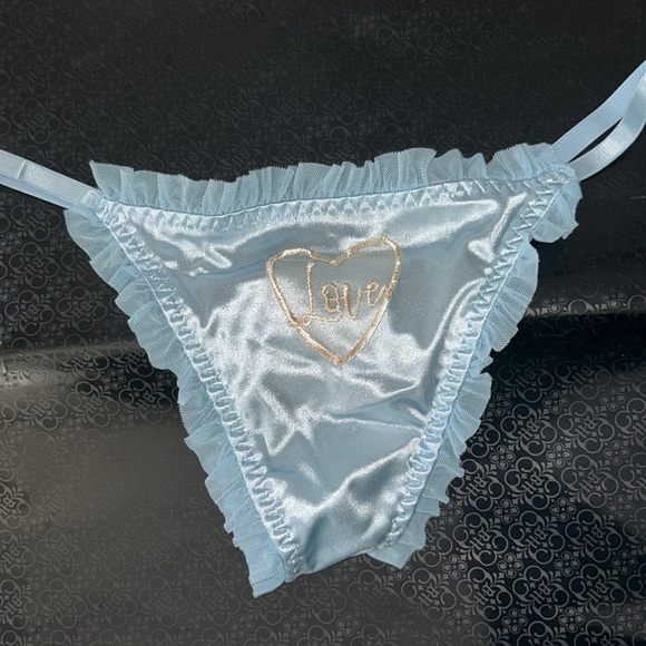 Coquette Silky Satin Mesh Ruffled “LOVE” Stretchy Baby Blue G-String Thong Panty - Picture 12 of 14